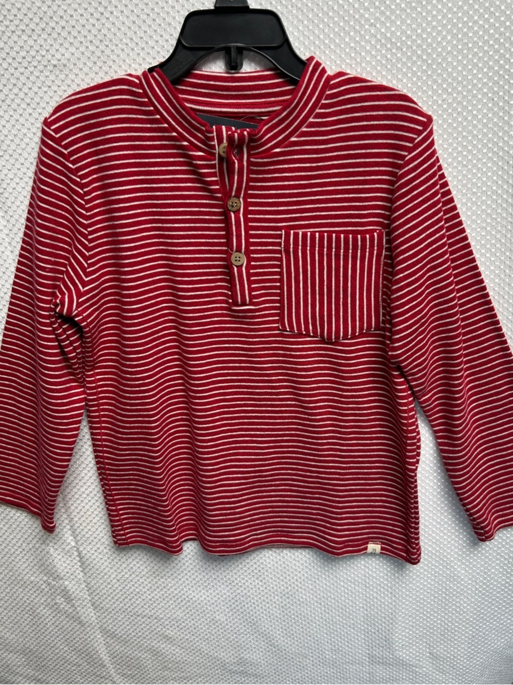 Kids Red Striped Long-Sleeve Henley Top with Chest Pocket. 85% cotton. NWT